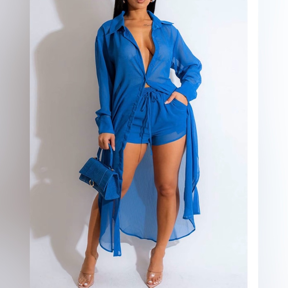 Royal Blue Sheer Longline Shirt Romper Set